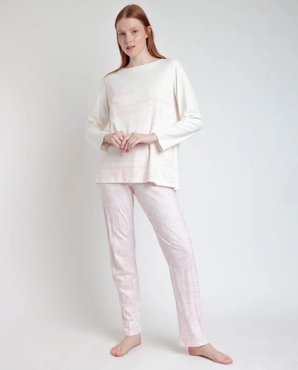 

Женская пижама длинная из хлопкового трикотажа цвета сырой беж Admas