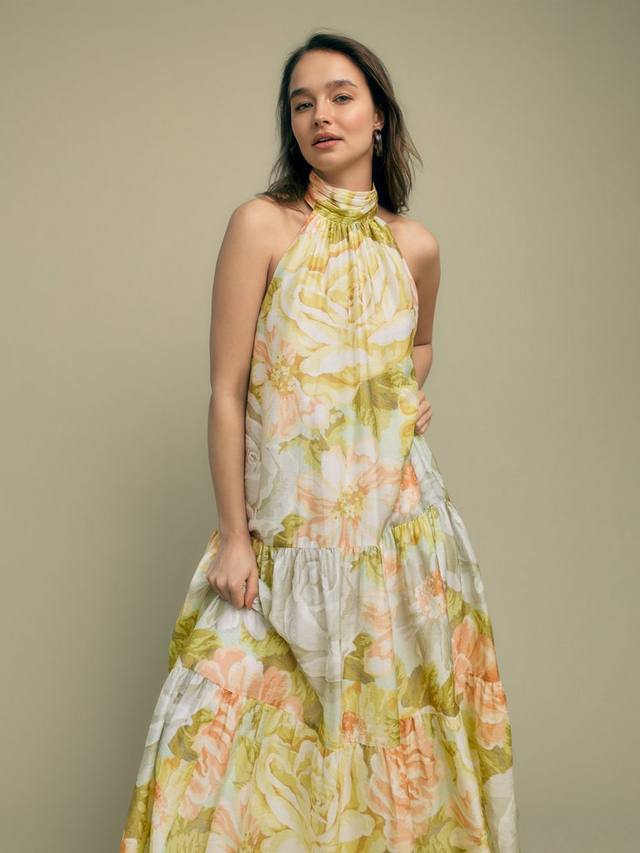 

Платье миди с вырезом халтер и ярусами в цветочном принте пион FLORERE, Multi