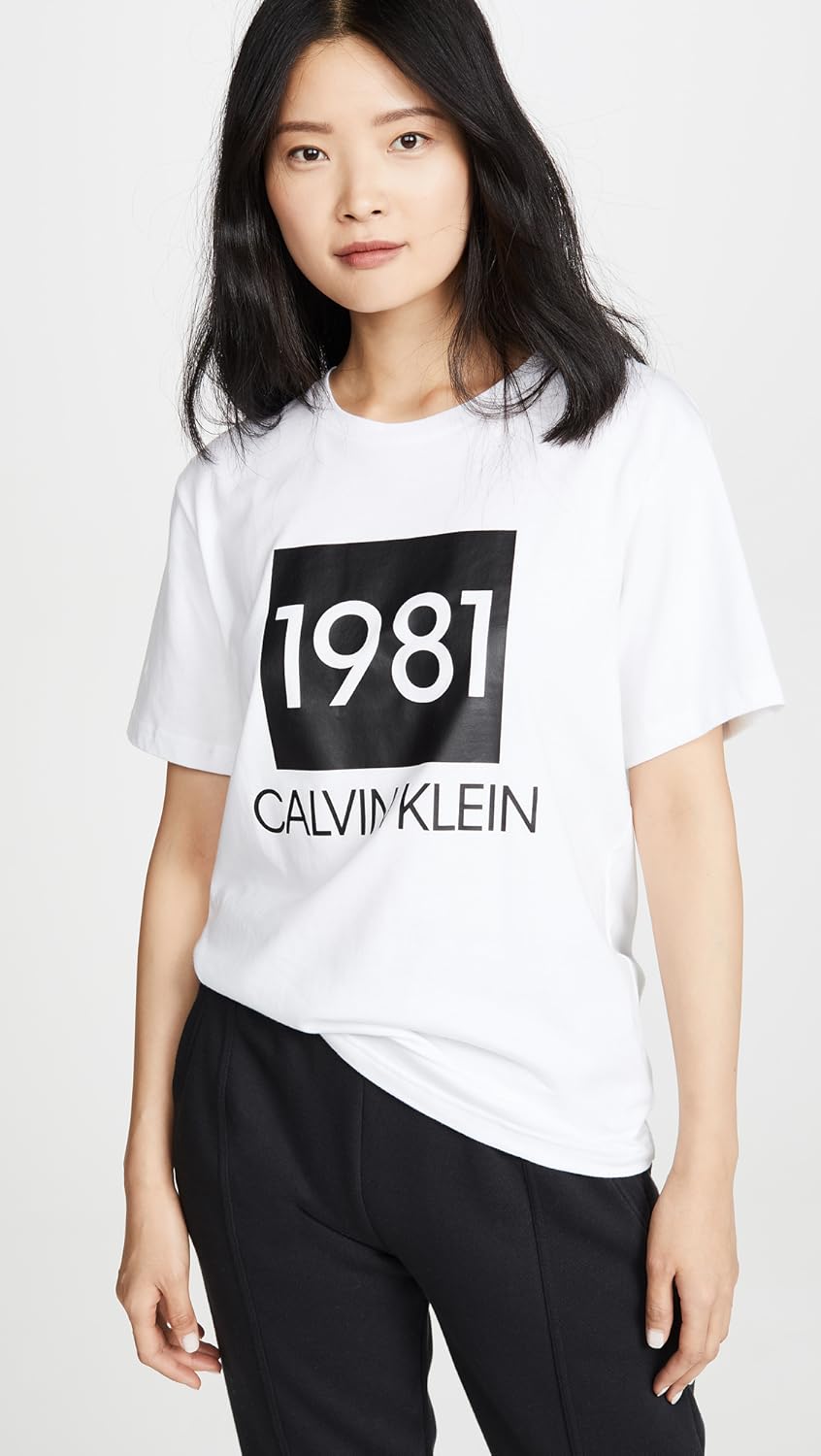 Женская футболка Calvin Klein 1981 года из хлопка с короткими рукавами и круглым вырезом, White — фото 2