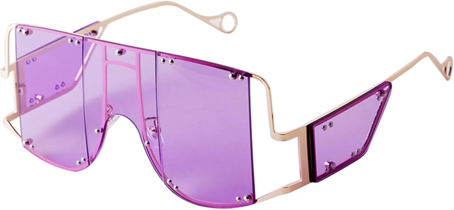 

Большие солнцезащитные очки с плоской верхней частью, в стиле Y2K, квадратные, цельные, для женщин и мужчин, в стиле ретро-панк, большие очки с металлическими заклепками, модные очки PEGH, Gold / Purple Lens