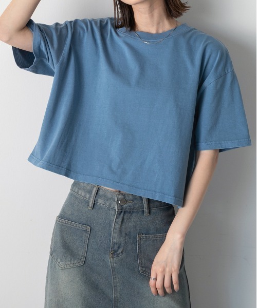 

Футболка короткая винтажная с пигментной отделкой Ad thie, синий