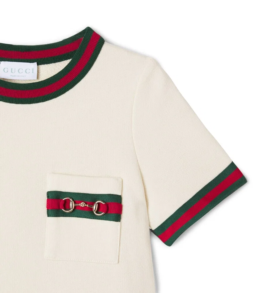 Хлопковое платье с полосками и узором "Конская уздечка" Gucci Kids, белый — фото 4