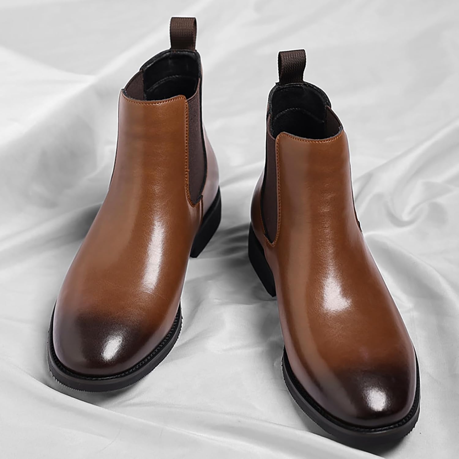 Мужские ботинки челси из натуральной кожи с круглым носком, низким массивным каблуком, осенние модные ретро ботинки без шнурков, повседневные, устойчивые к скольжению и удобные чука Rynkoma, коричневый — фото 4