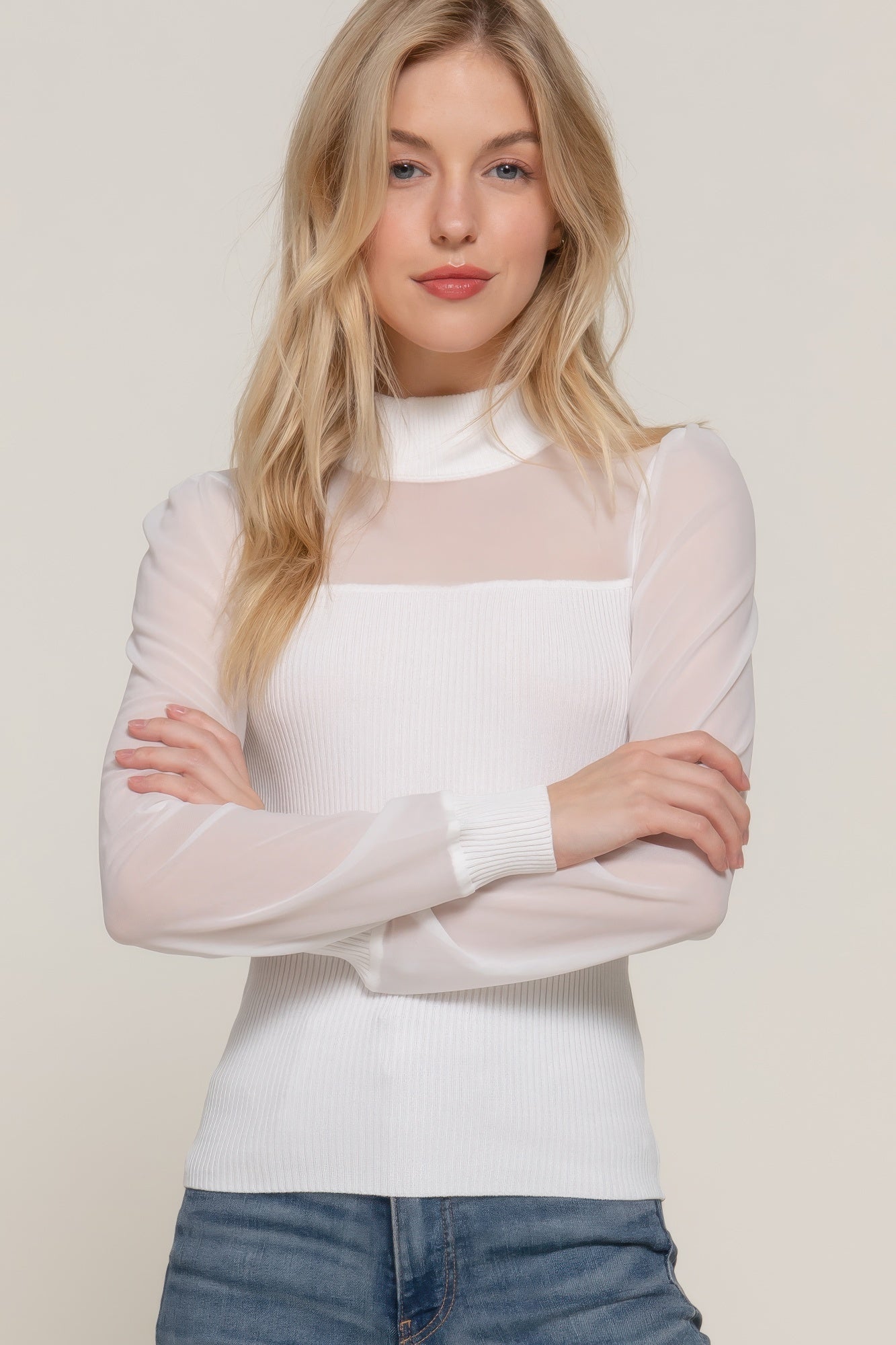 

FASHNZFAB Женский длинный свитер с сетчатыми вставками и топом, кремовый