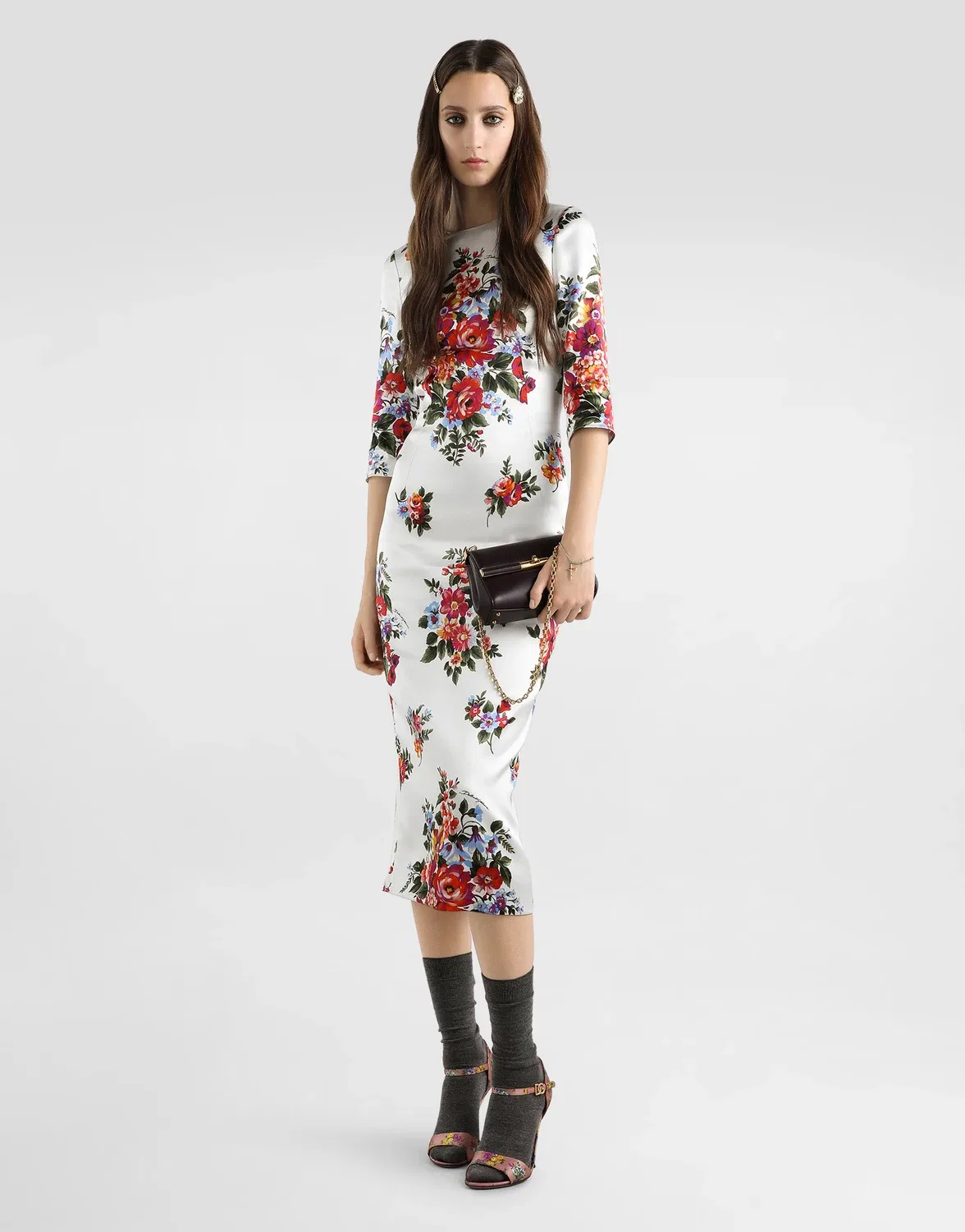 Атласное платье-футляр с принтом "букет цветов" DOLCE & GABBANA, мультицвет — фото 2