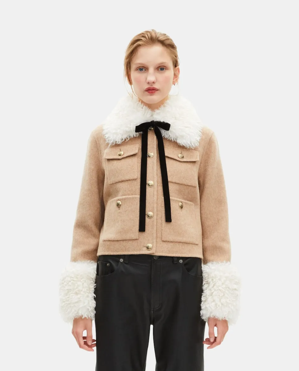 

Женская куртка с воротником из шерпы The Kooples, бежевый/белый