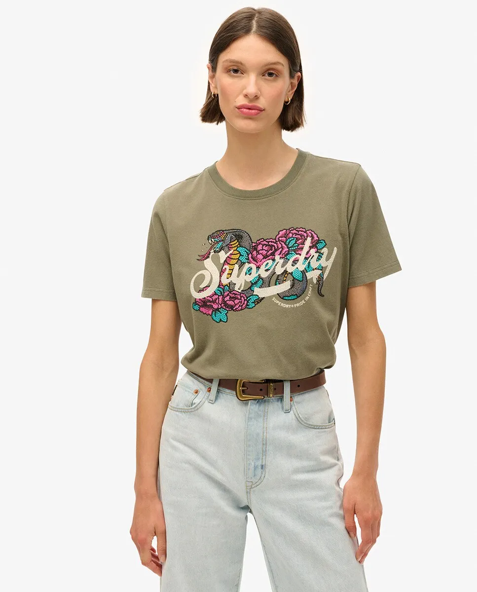 

Женская футболка свободного кроя с мотивом татуировки Script Superdry, зеленый