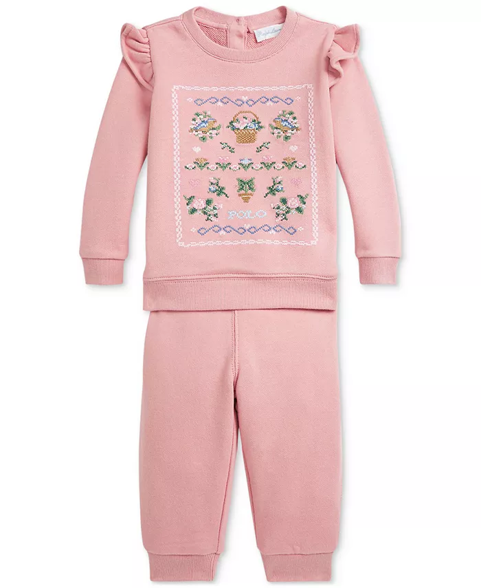 

Детский комплект из флисовой толстовки с рюшами и брюк Polo Ralph Lauren, розовый