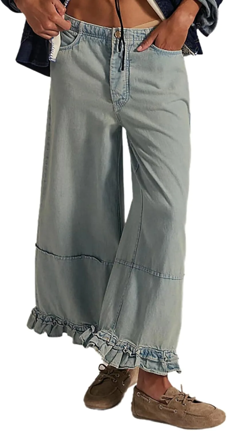 

Женские джинсы low rise baggy wide leg с эластичным поясом и рюшами QLAUYIOE