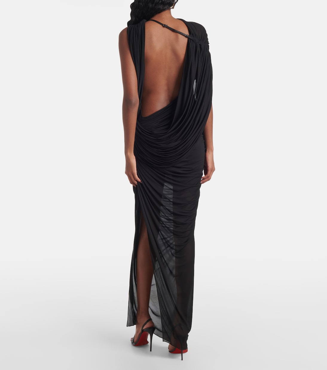 Платье макси из джерси с драпировкой и открытой спиной Mugler, черный — фото 3