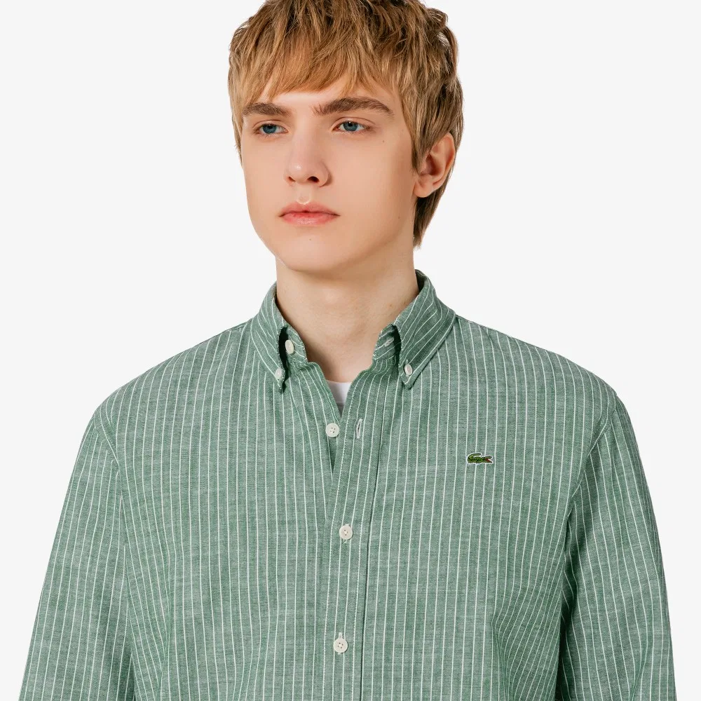 Мужская рубашка Lacoste из шамбре в полоску, зелёная — фото 3