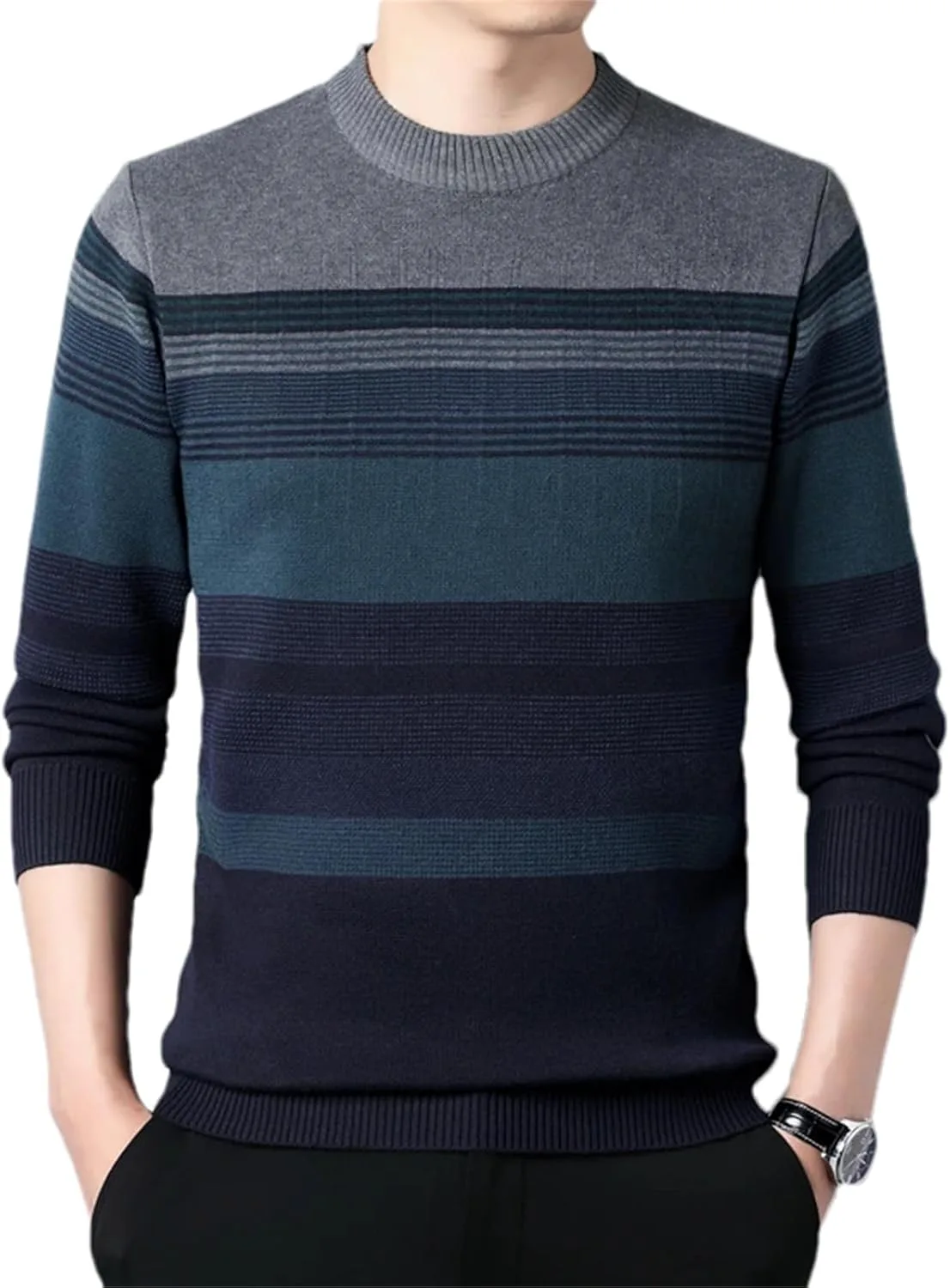 

Мужской свитер в полоску с воротником O-Neck