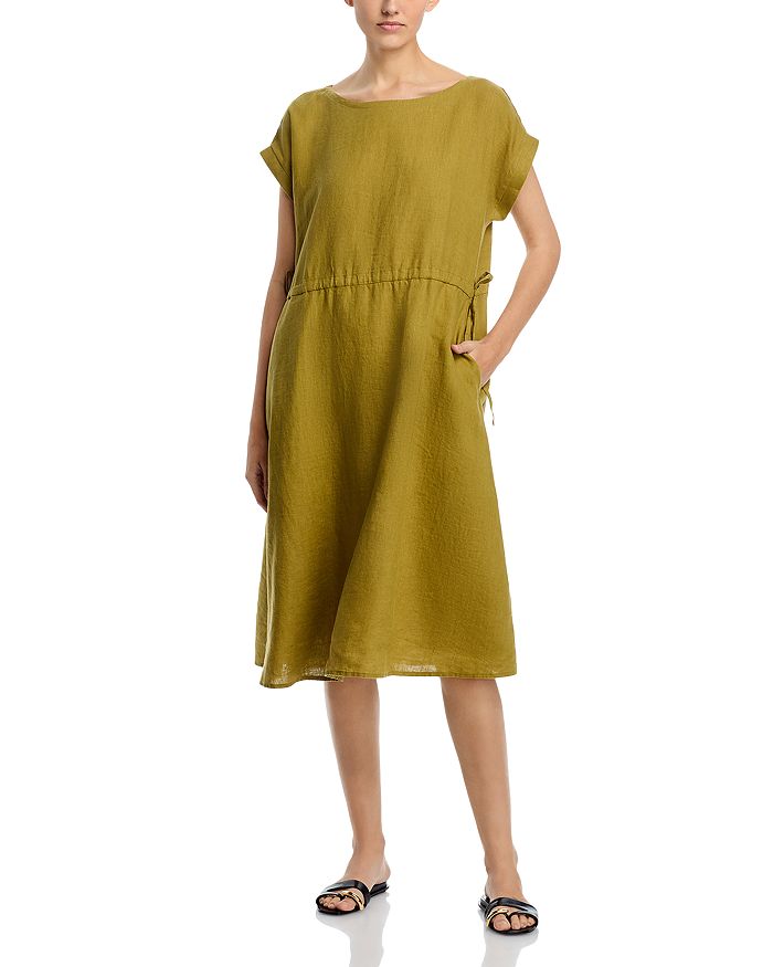 

Льняное платье с каплевидным вырезом и короткими рукавами Eileen Fisher, коричневый