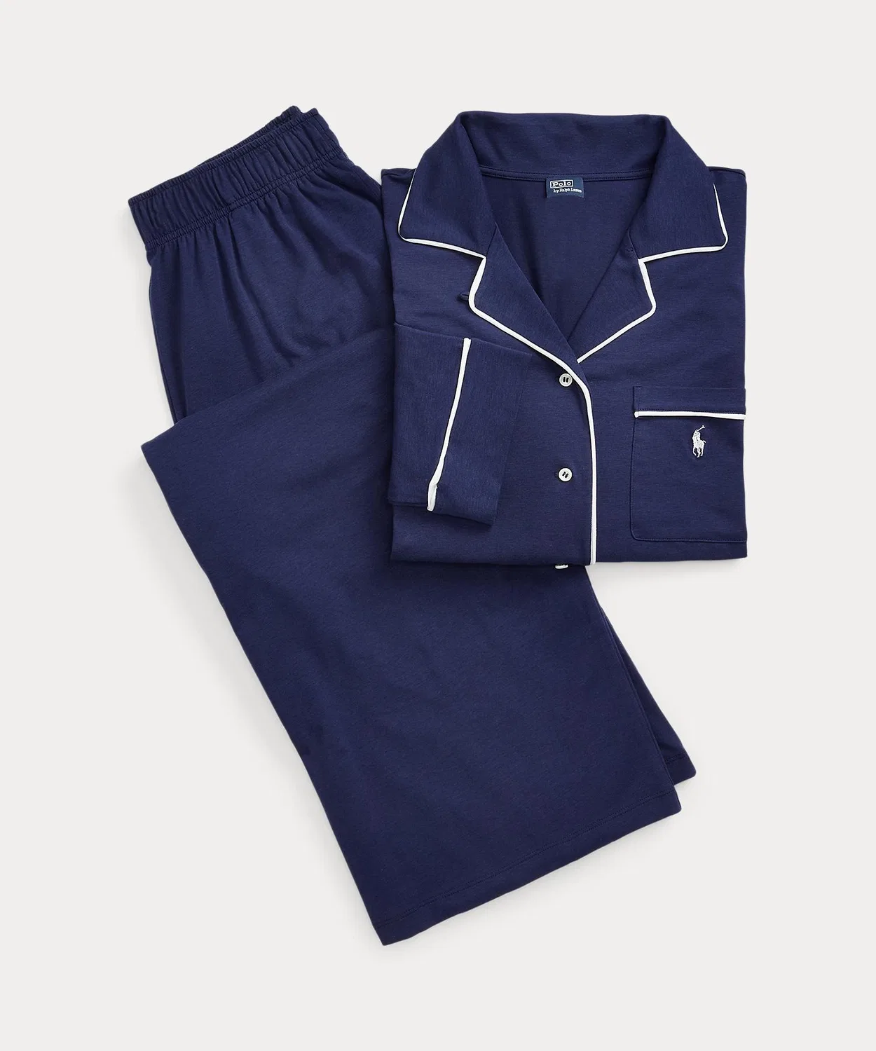 Пижама-двойка с классическим кантом и вышивкой пони Ralph Lauren, длинный рукав, тёмно-синий — фото 2