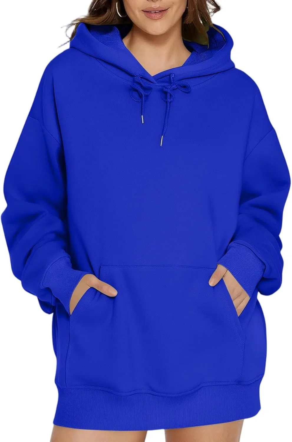 Женская толстовка оверсайз с капюшоном, флисовая, с карманами, A003- Blue