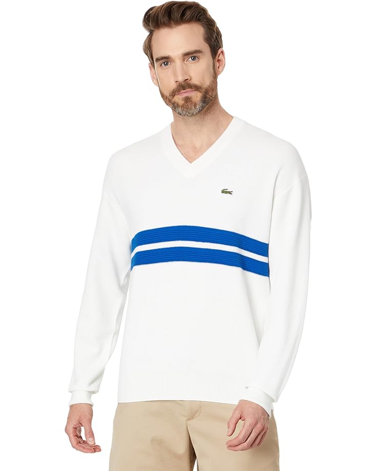 

Свитер Lacoste Long Sleeve Relaxed Fit V-Neck with Stripes, цвет Flour/Ladigue