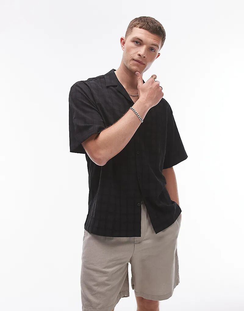 

Рубашка с короткими рукавами и текстурированным узором в черную клетку Topman