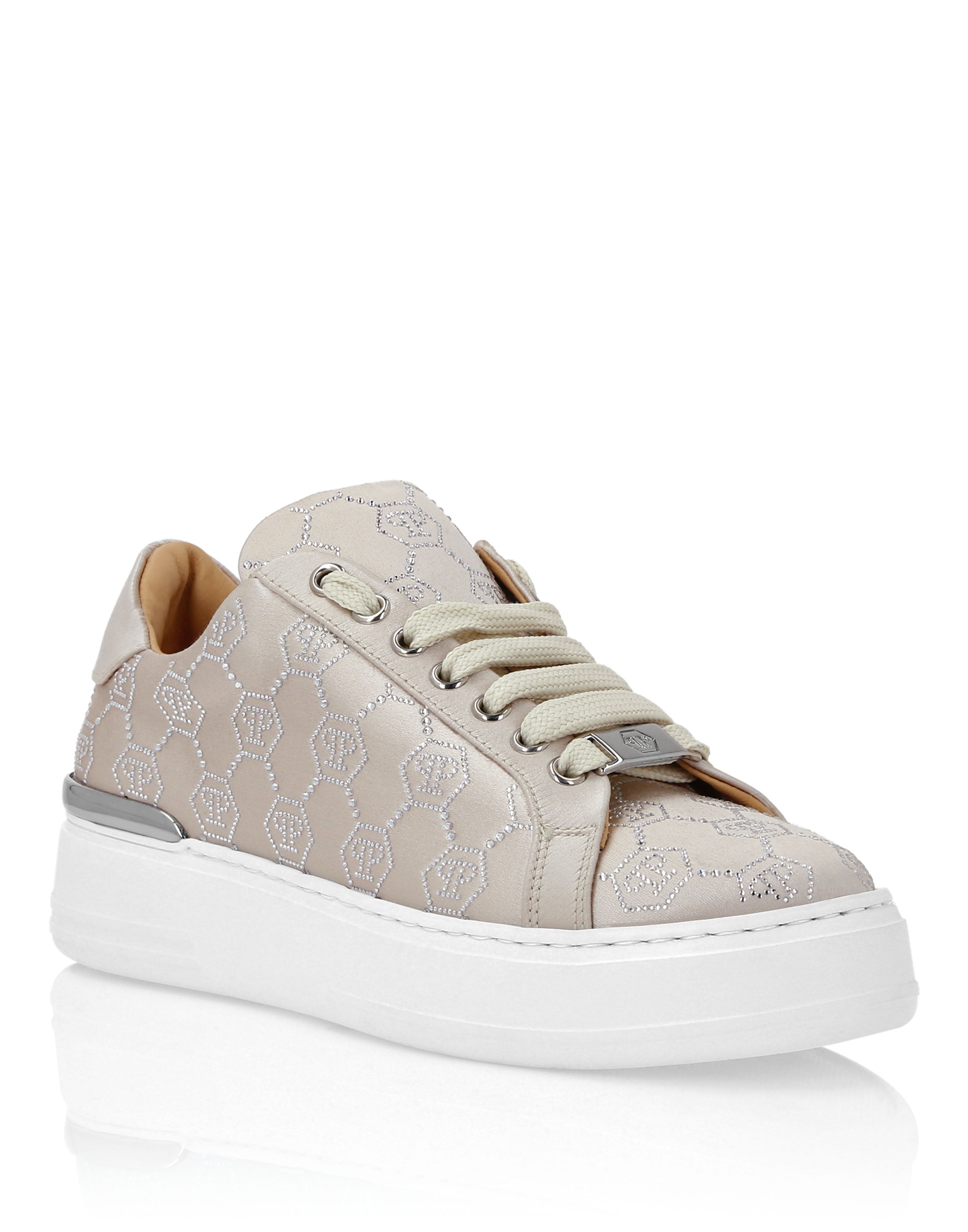 Сатиновые кроссовки Monogram Strass на шнуровке PHILIPP PLEIN, бежевый