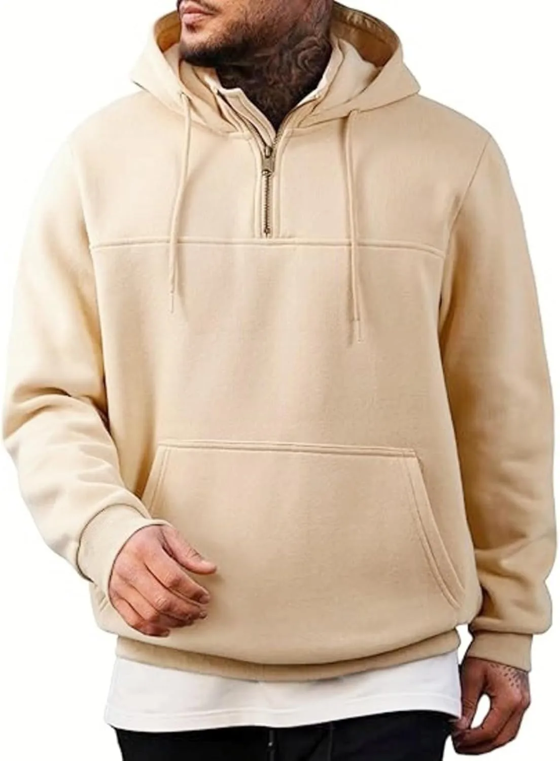 

Мужская толстовка с четвертью молнии, утепленная флисом, с капюшоном и карманами