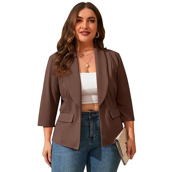 

Женский блейзер плюс сайз с открытой передней частью и рукавом 3/4 Maxxis Merch, Brown