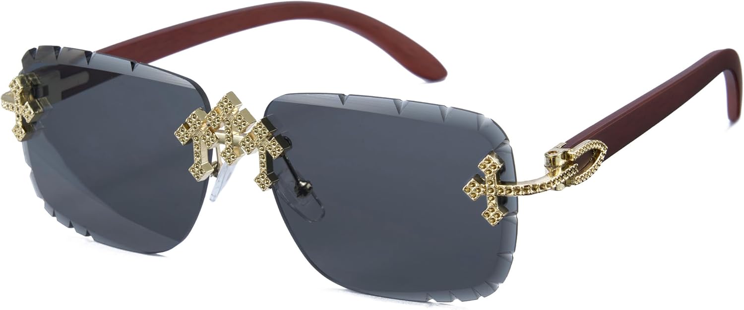 

Мужские солнцезащитные очки Cyxus без оправы с блестками, модные квадратные очки с золотыми крестообразными акцентами в стиле Y2K, уличная одежда для вечеринок и танцев, Dark Brown/Gray-1345