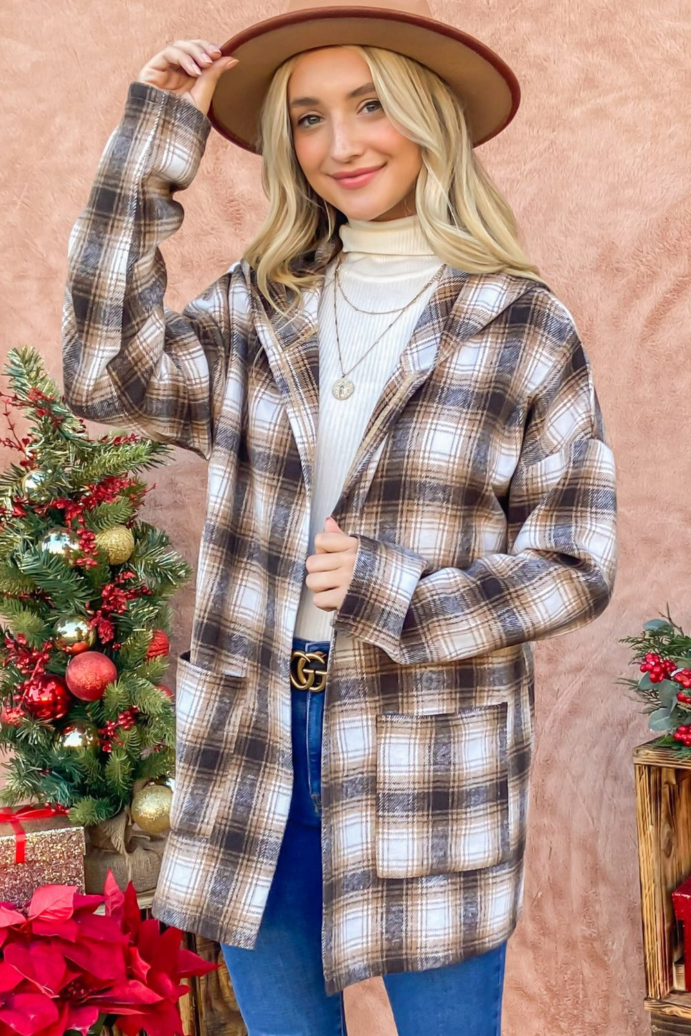 

Клетчатая толстовка с открытым передом и капюшоном FASHNZFAB, коричневый
