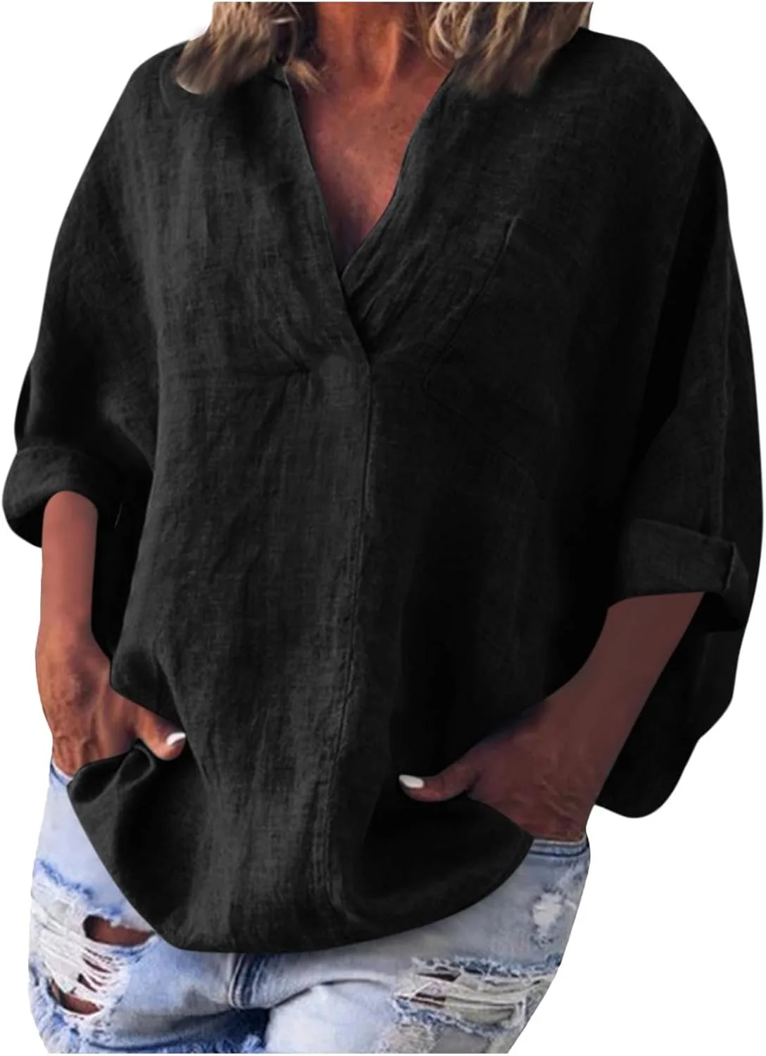 

Женская блузка с лацканами и карманом 3/4 рукава, лен, для весны и лета AKTCVVJ