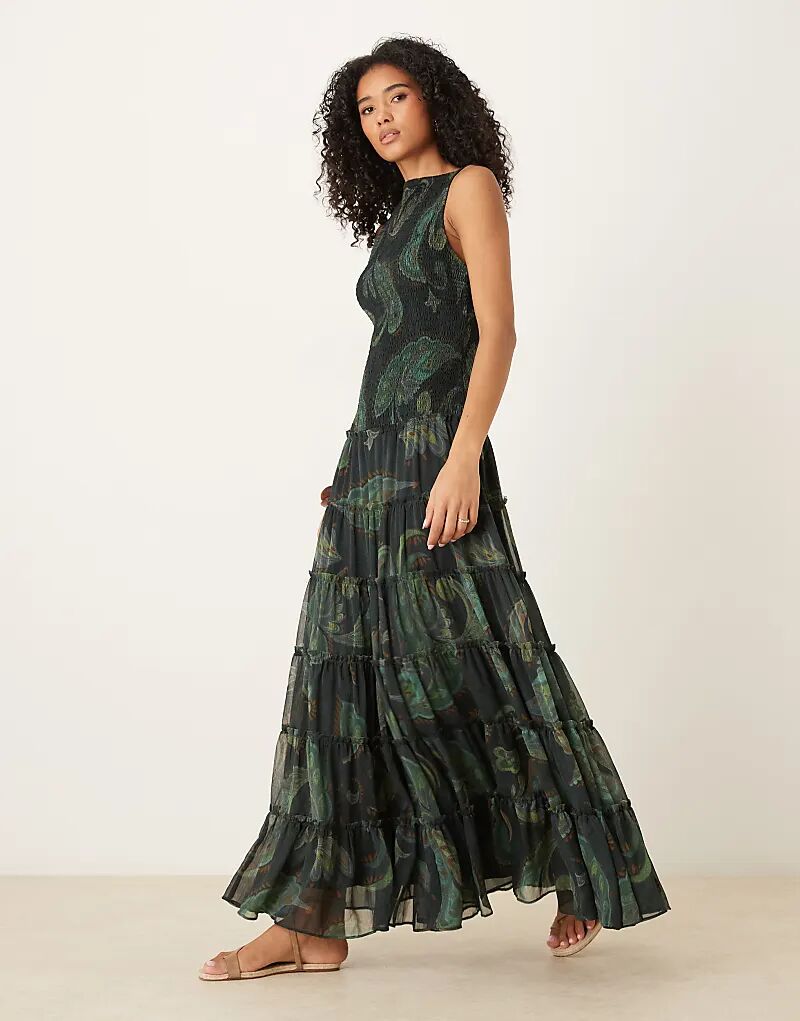 

Платье макси ASOS DESIGN с присборенным вырезом и принтом пейсли зеленого цвета