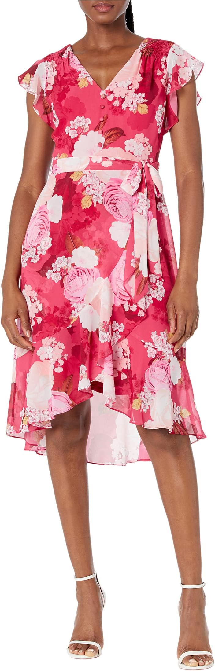 

Платье Adrianna Papell Printed Floral Chiffon Side Wrap Dress with Cascade Ruffle, цвет Pink Multi