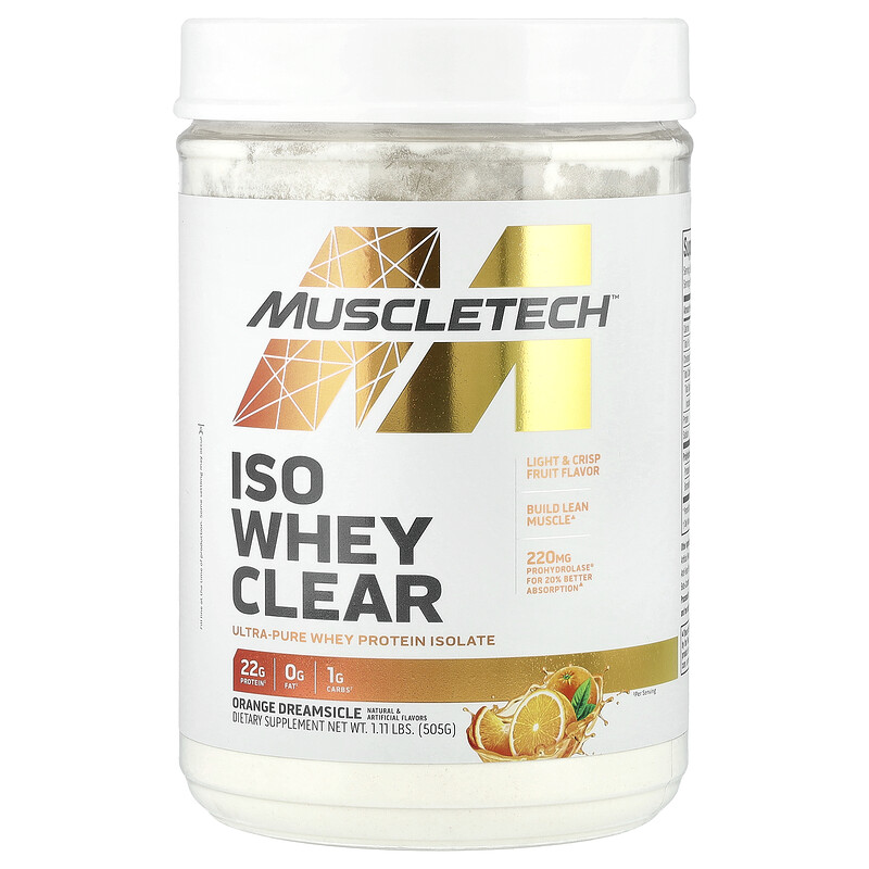 

MuscleTech, ISO Whey Clear, сверхчистый изолят протеина, апельсиновый сок, 505 г (1,11 фунта)