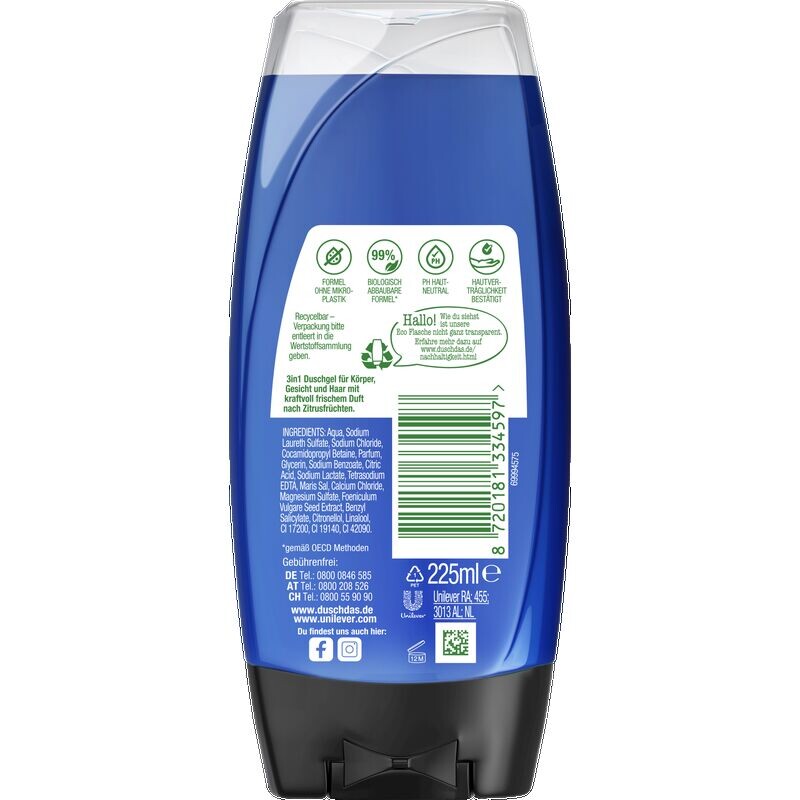 Спортивный гель для душа и шампунь 3 в 1 duschdas, 225 ml — фото 2