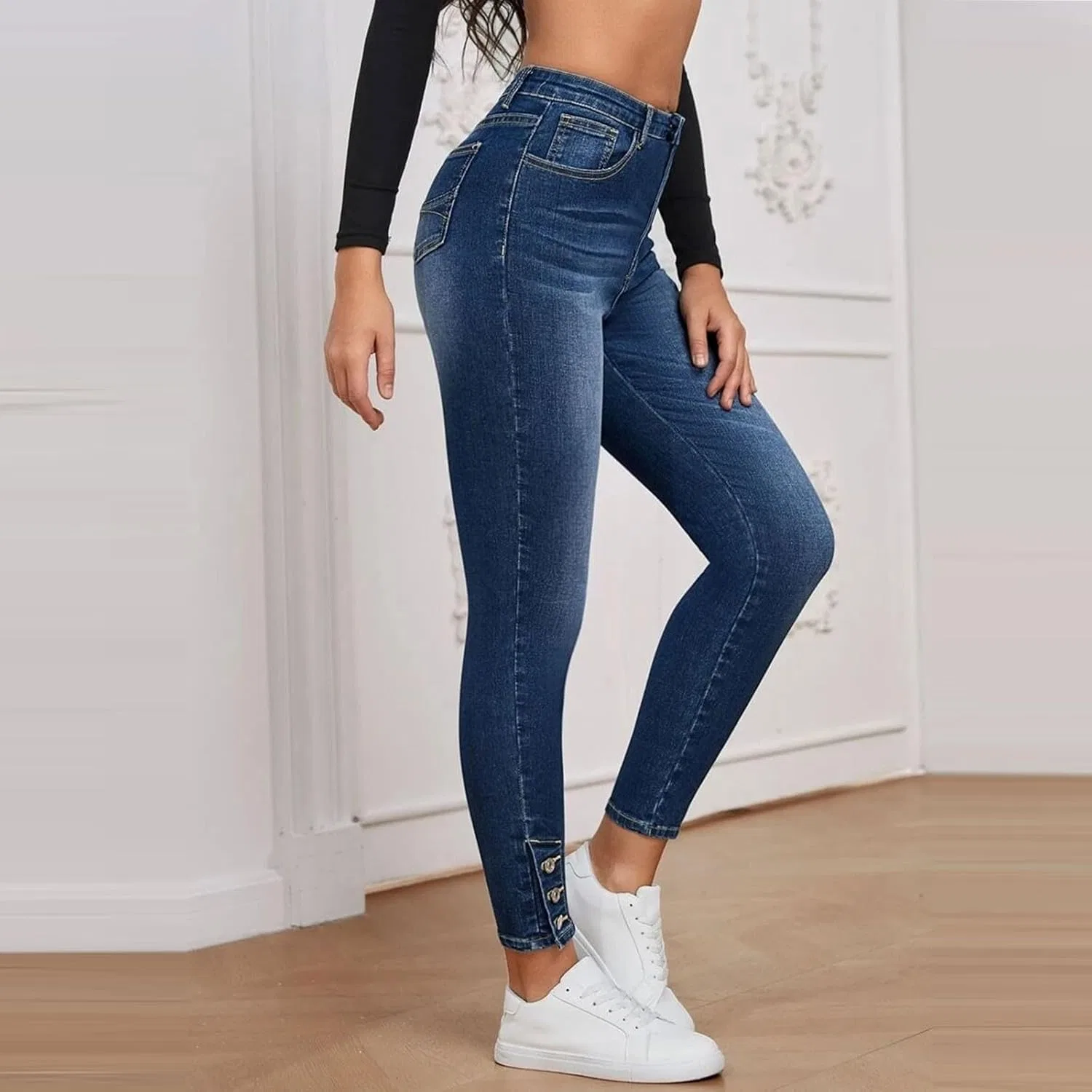 Джинсы скинни High Waisted, темно-синие — фото 3