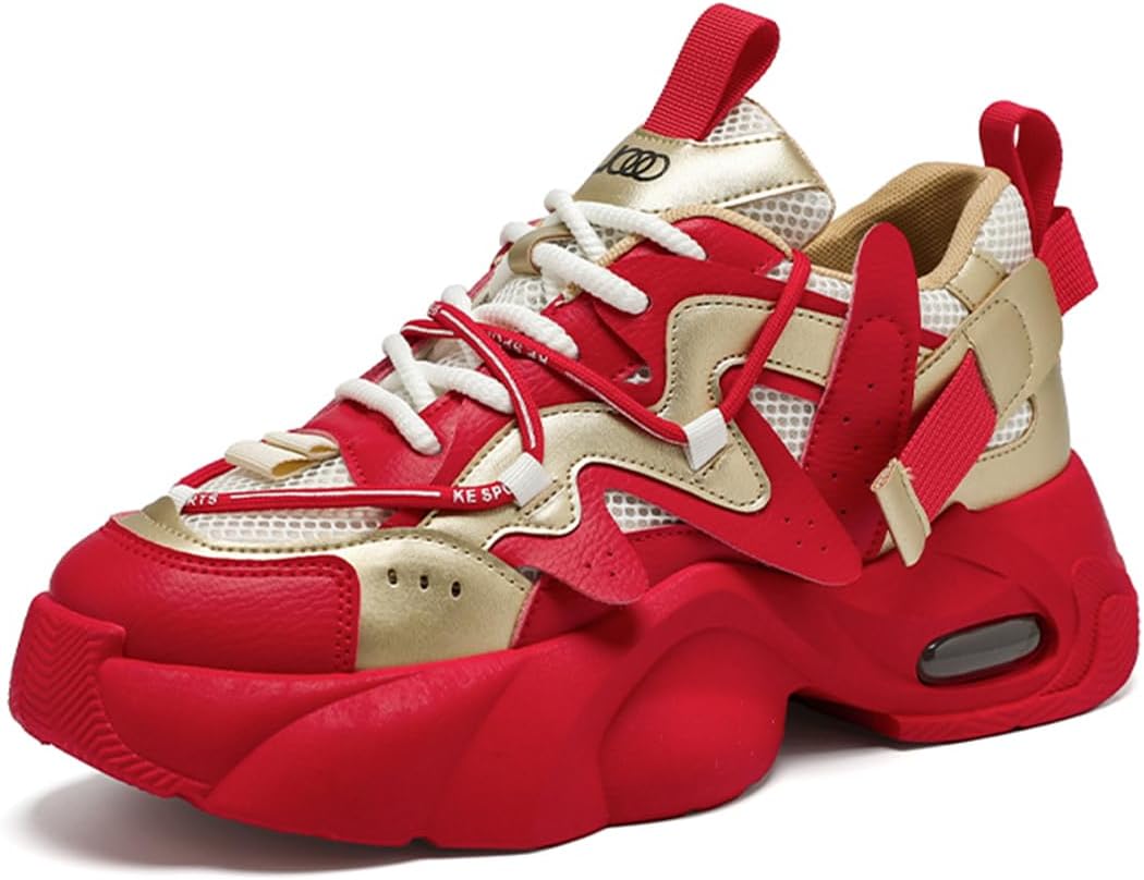 

Мужские массивные кроссовки на платформе с дышащей сеткой, шнуровкой, для ходьбы, комбинированные повседневные обувь из ПУ Lanverth, красный
