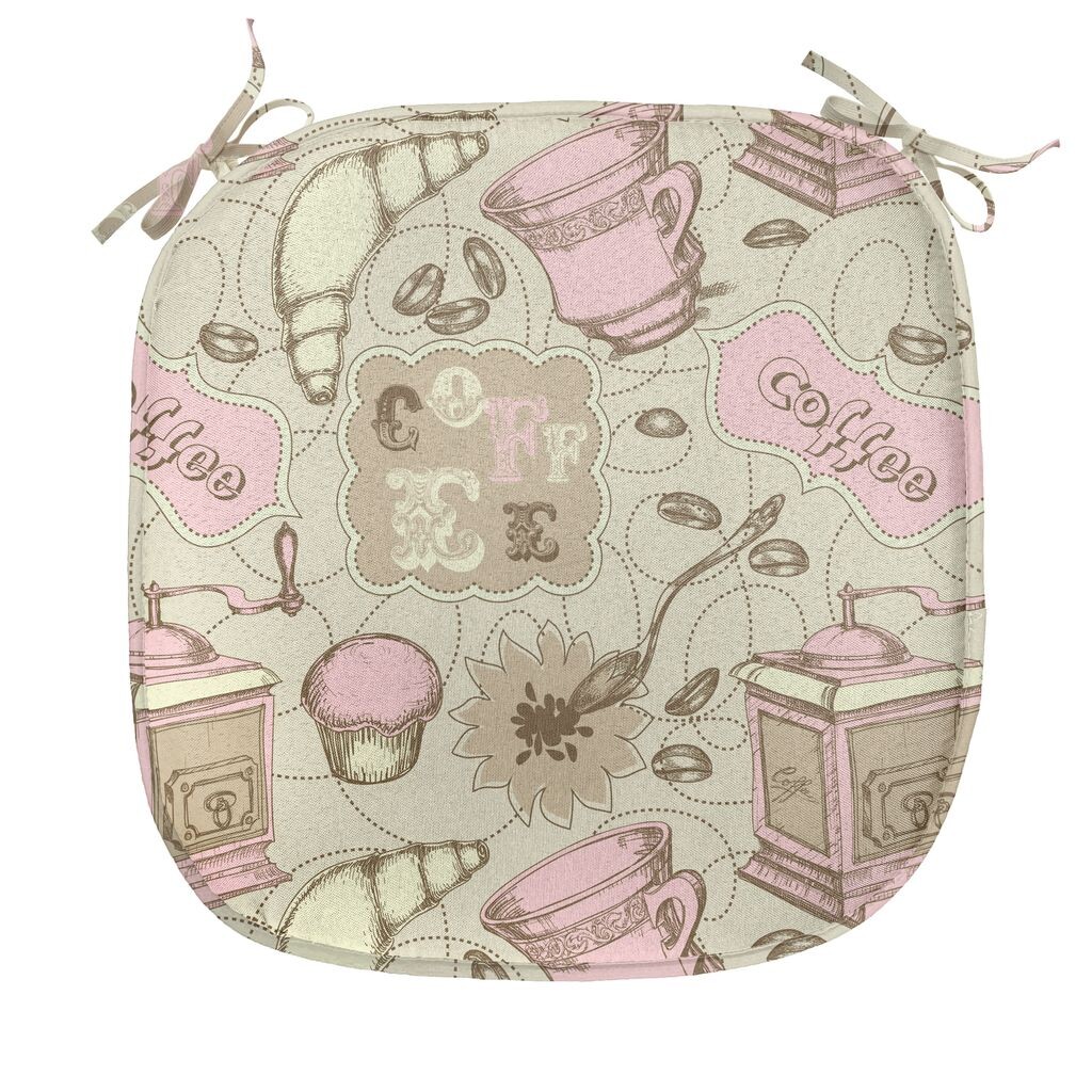 

ABAKUHAUS Подушка для обеденного стула с рисунком, чайники, чашки, торты, декоративная водонепроницаемая подушка с ремнями для кухонных сидений, 40 см x 40 см, серый, светло-розовый и белый