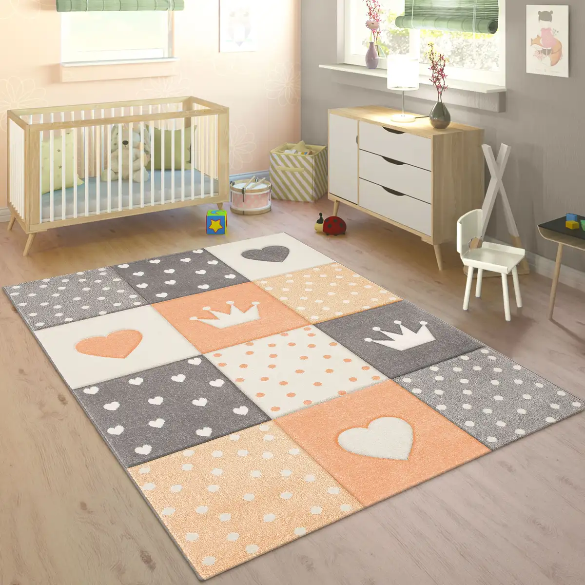 

Детский ковер Paco Home "Cosmo 339", прямоугольный, короткий ворс, пастельные тона, 3D-эффект, мотив сердца, точек и короны 133х133 см, цвет apricot