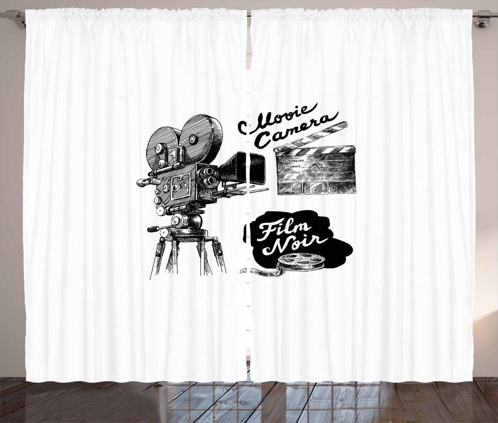 

ABAKUHAUS Cinema Rustic Curtain, Camera Film Noir, универсальные ленточные шторы для гостиной с петлями и крючками, 280 x 175 см, черные и белые, черный