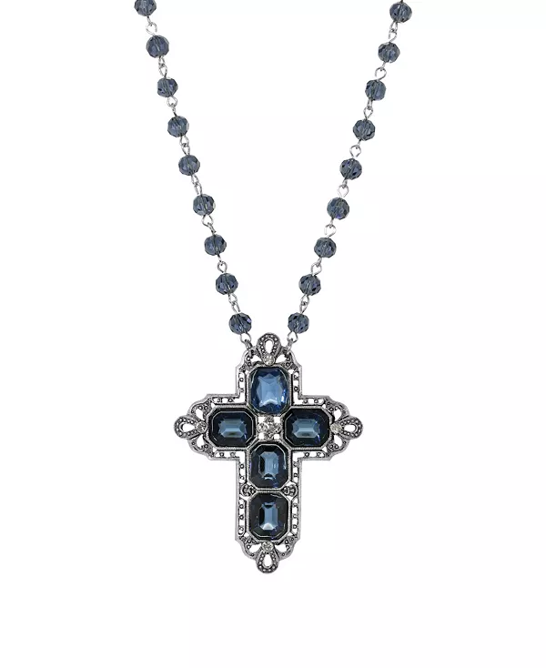 

Женское ожерелье из оловянного прямоугольника с сапфирово-синим кристаллом в форме креста 2028, blue