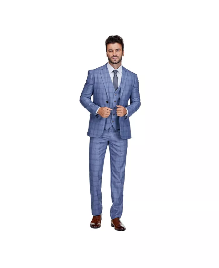 

Мужской синий клетчатый костюм-тройка Slim Fit Gino Vitale