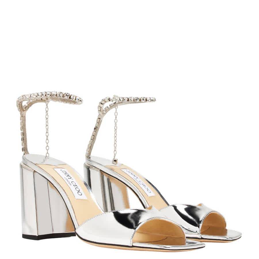 Джимми Чу Saeda 85 Кристальные металлические кожаные сандалии Jimmy Choo, серебряный — фото 2
