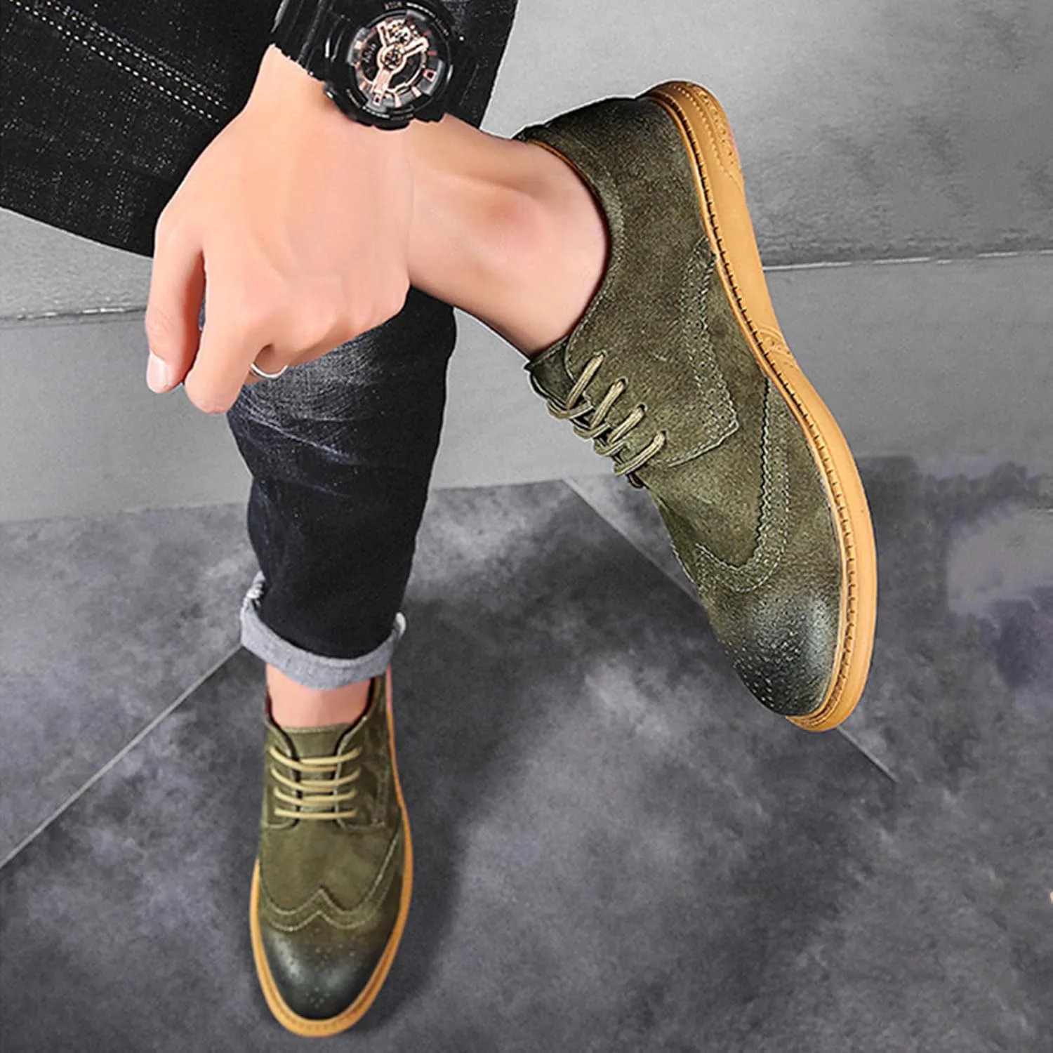 Мужские оксфорды с крыльями Brogue из замшевой кожи, модные туфли с резным рисунком, округлый носок, шнуровка, низкие деловые и повседневные туфли Derby GLBDU, зеленый — фото 2