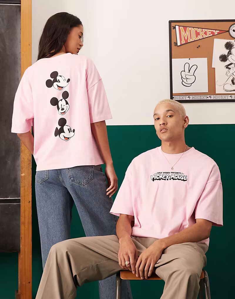 

Футболка унисекс оверсайз ASOS DESIGN Disney с вышитым принтом Микки Мауса розового цвета
