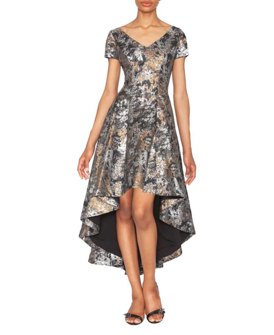 

Женское жаккардовое платье с V-образным вырезом и асимметричным подолом WHITE TIE by Shani, Black/Gold