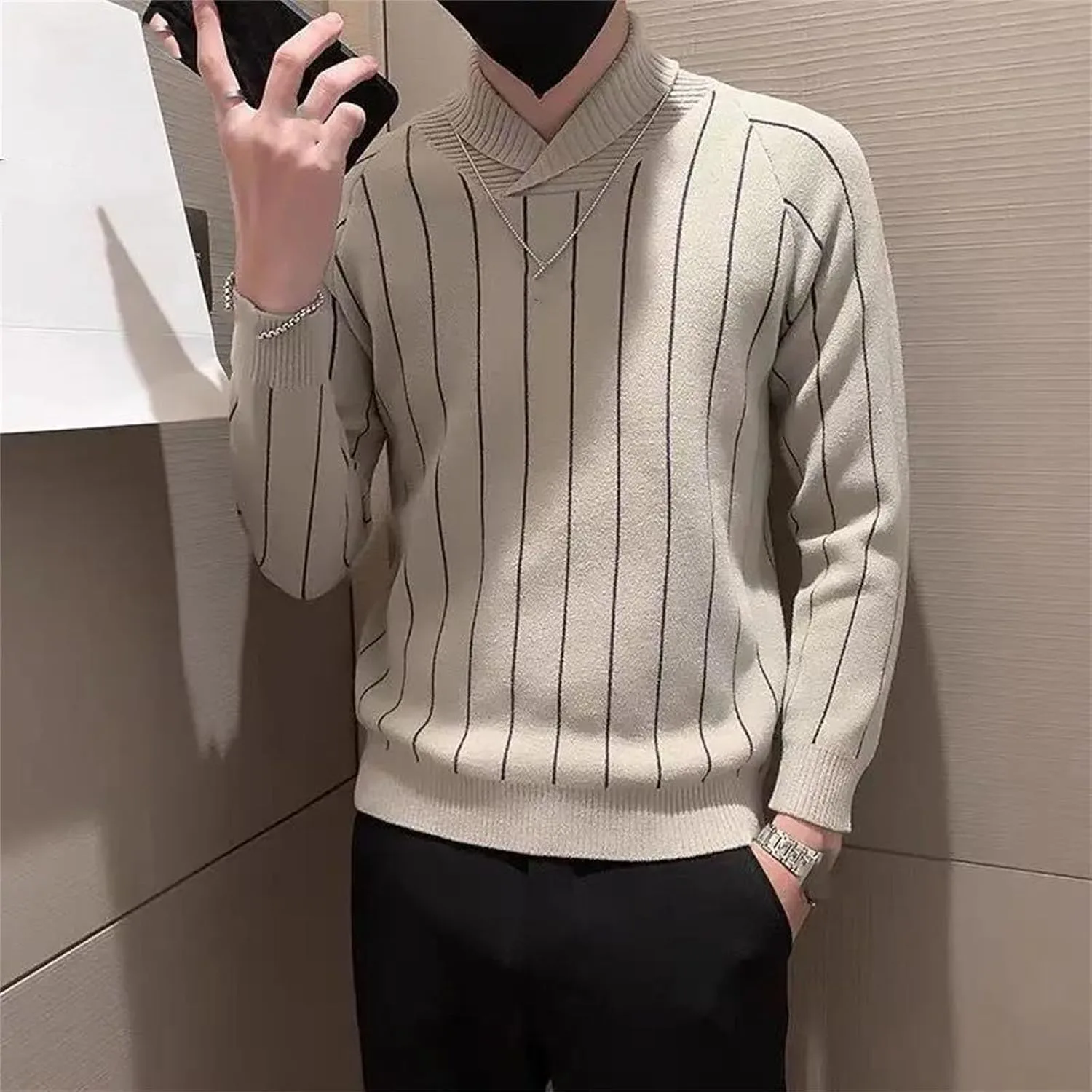 Мужской полосатый вязаный свитер Slim Fit пуловер в стиле Business Casual Korean Style Generic, C6K3 — фото 3