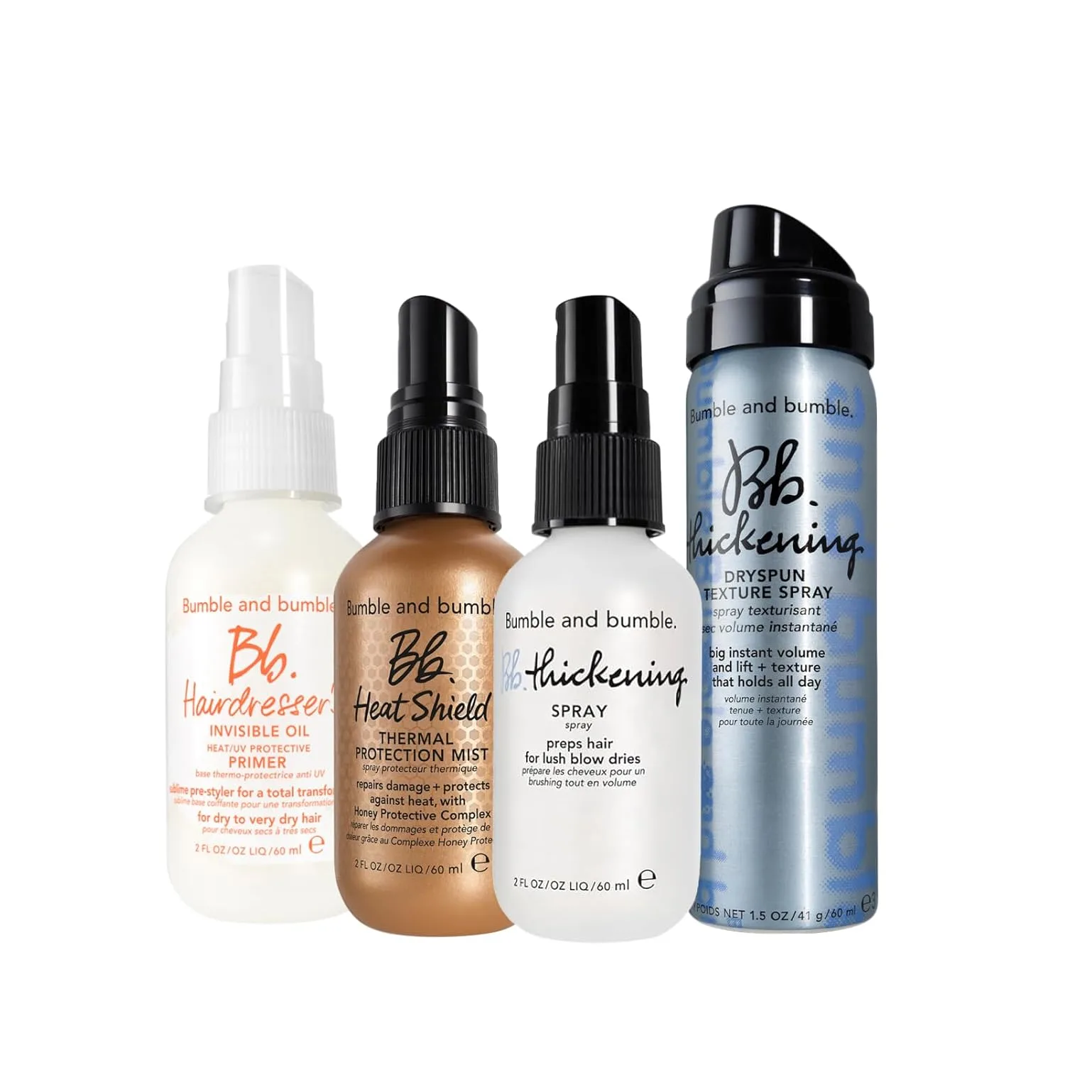 Bumble And Bumble. набор для волос: термозащитный несмываемый кондиционер Hairdresser's Invisible Oil Heat/UV, спрей для объема Thickening Dryspun, термозащита Heat Shield и спрей для густоты Thickening Spray, 4 мини-флакона