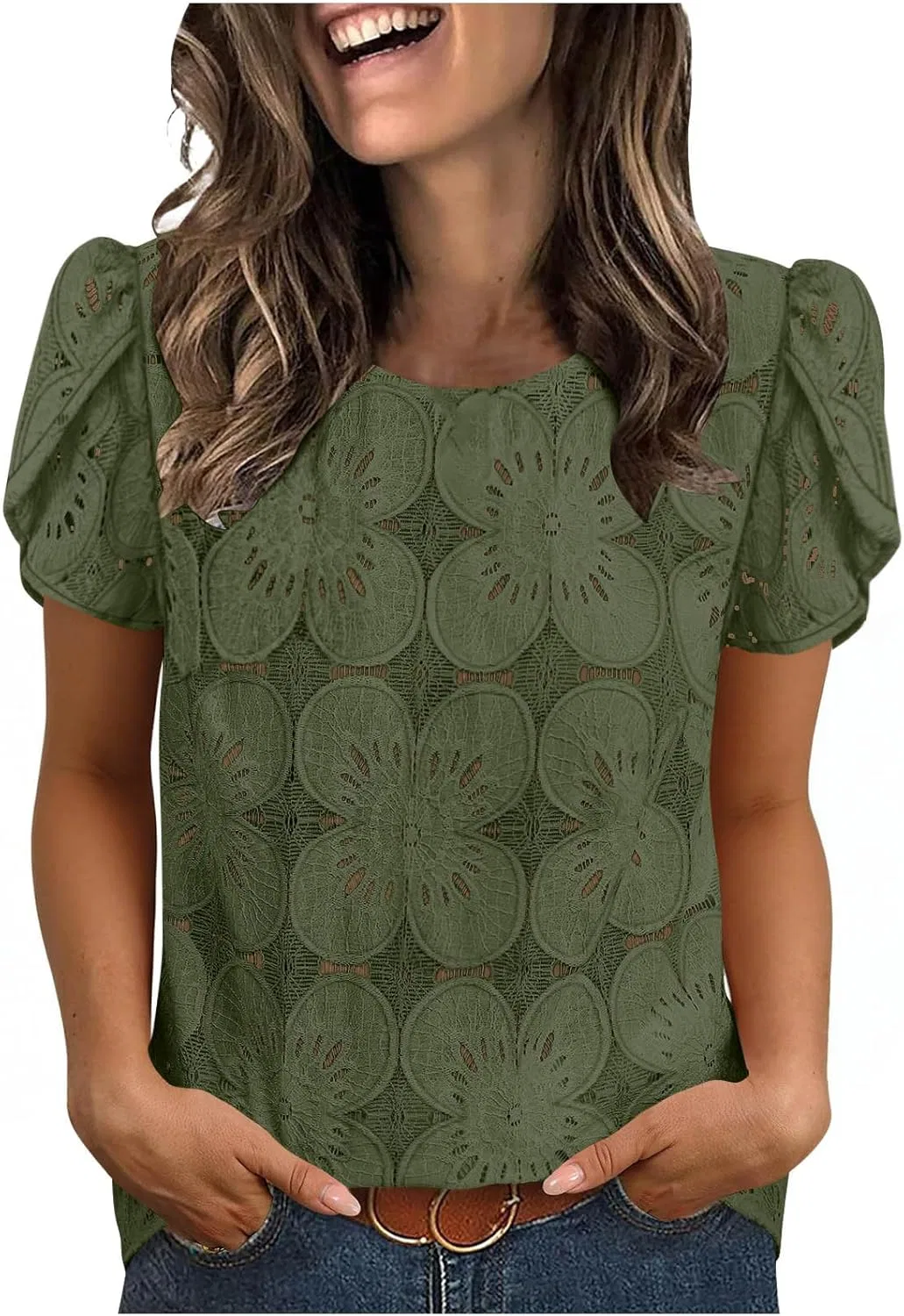Блуза кружевная с коротким рукавом, бренд Generic, цвет Army Green