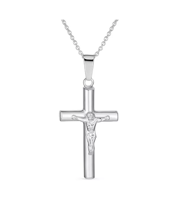 

Простые христианские католические религиозные украшения, большой крест-распятие Иисуса, ожерелье с подвеской из стерлингового серебра, 2 дюйма Bling Jewelry, silver