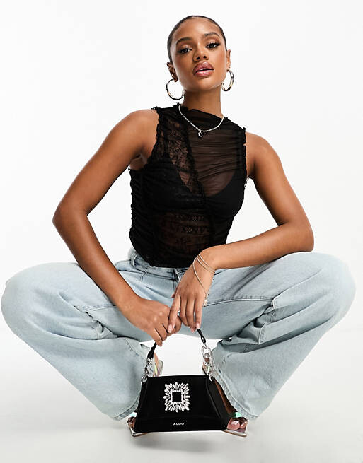 

Черная майка из сетки и кружева ASOS DESIGN