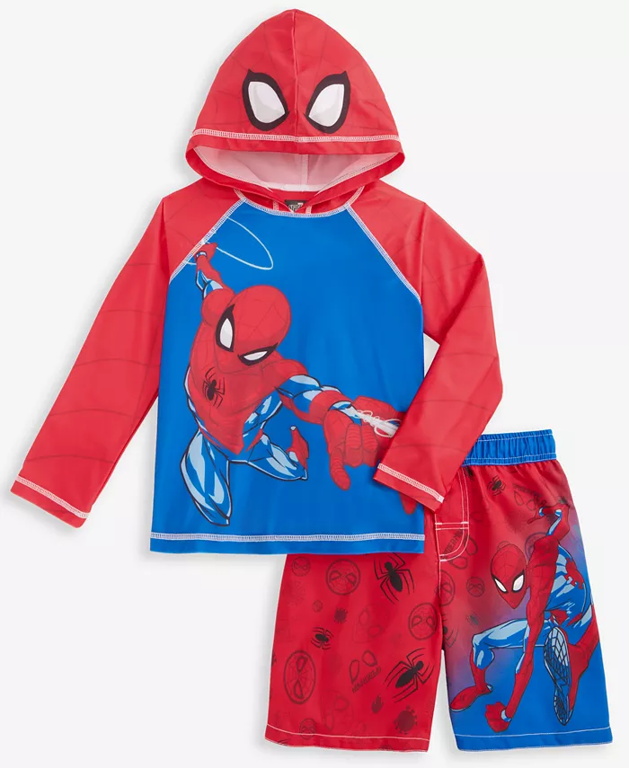 

Детский комплект для плавания с капюшоном и шортами Little Boys Hooded Rash Guard & Swim Trunks Two-Piece Swimsuit Spider-Man, синий