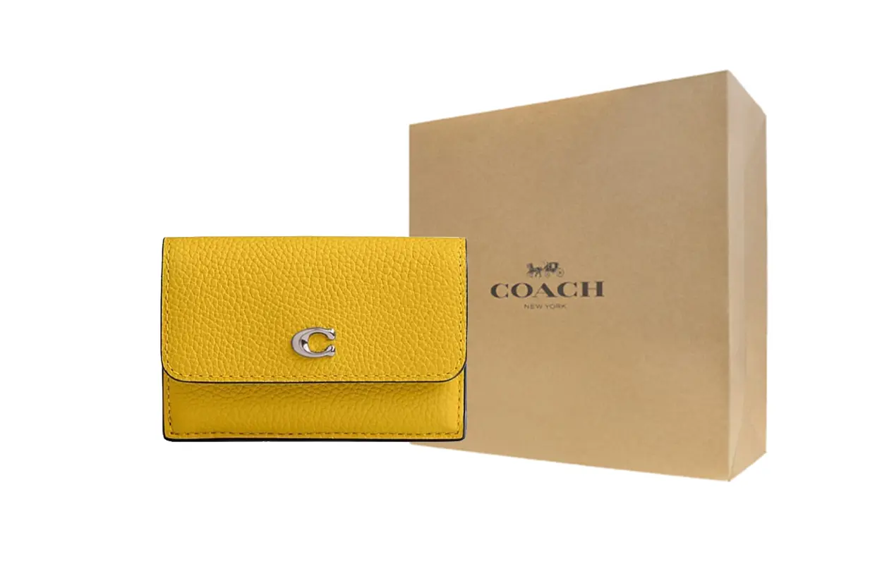 

COACH Трёхсекционный кошелёк из полированной шагреневой кожи миниатюрный женский жёлтый, Gift Box Set (Basic Set+Yellow Box)