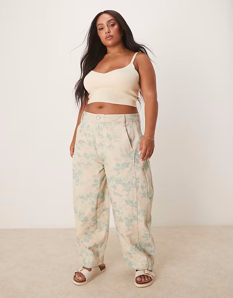 

Широкие брюки ASOS DESIGN Curve с винтажным цветочным принтом и отделкой стежками